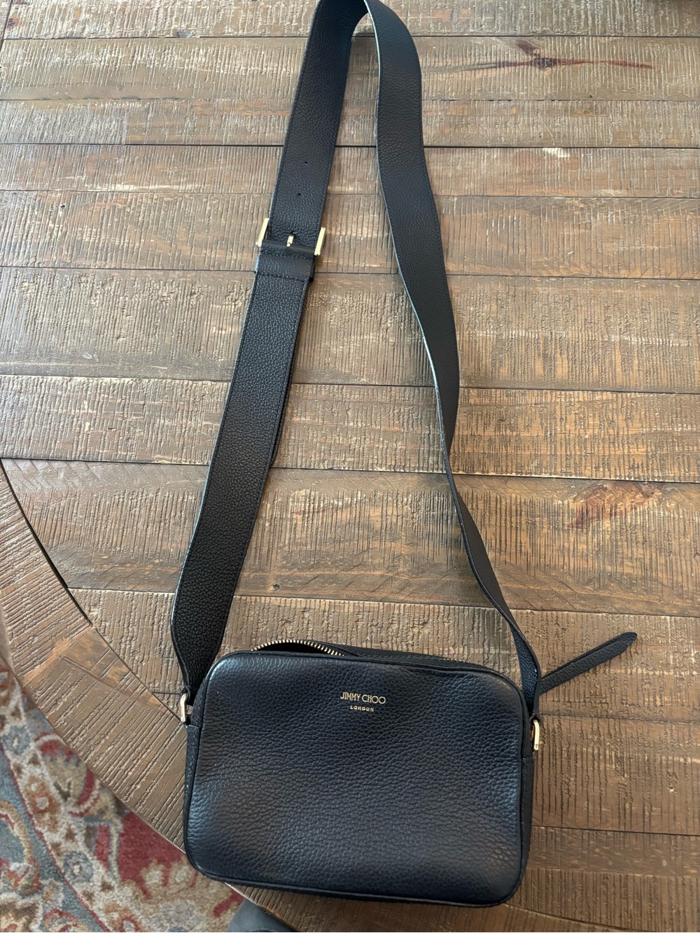 Jimmy Choo Black Pebbled Leather Messenger Crossbody with Gold Hardware